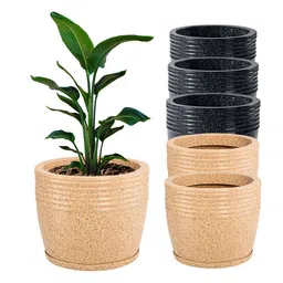 Kuber Industries 6Pcs Brown & Black Textured Roto Mould Flower Planters With Tray-9