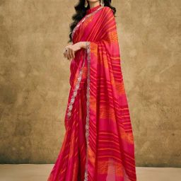 Satrani Red Chiffon Leheriya Saree With Unstitched Blouse image 3