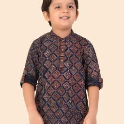 Fabindia Kids Indigo Cotton Printed Full Sleeves Kurta-image-29