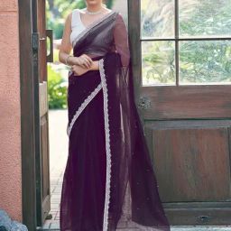Satrani Wine Net Solid Saree With Unstitched Blouse image 4