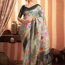 Satrani Blue Organza Woven Saree With Unstitched Blouse-image-18