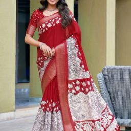 Satrani Red Cotton Blend Printed Saree With Unstitched Blouse-image-12