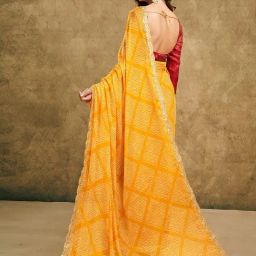 Satrani Yellow Chiffon Printed Saree With Unstitched Blouse image 2