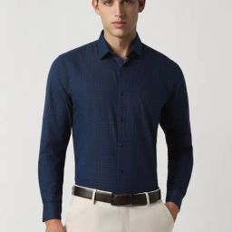 Peter England Navy Regular Fit Checks Shirt-image-85