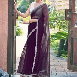 Satrani Wine Net Solid Saree With Unstitched Blouse image 3