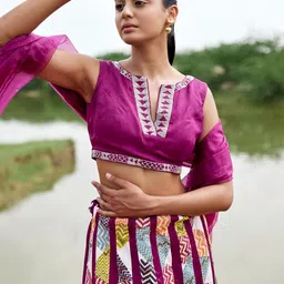 AMROOD Embroidered Sequinned Block Print Ready to Wear Lehenga & Blouse With Dupatta image 4