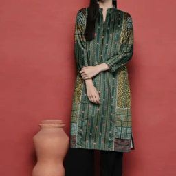 Ahalyaa Green Velvet Regular Fit Printed Kurta-image-18