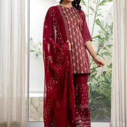 Juniper Women Ethnic Motifs Embroidered Regular Thread Work Top with Sharara & With Dupatta image 5