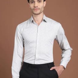 Indian Needle Grey Satin Regular Fit Printed Shirt-image-98