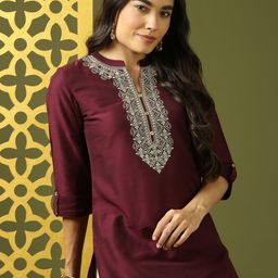 Anouk Floral Yoke Design Mandarin Collar Thread Work Straight Dupion Silk Kurta-24