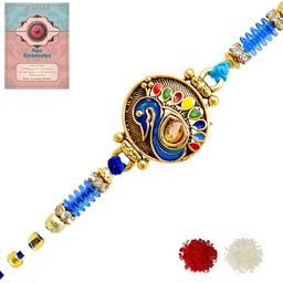 MEIRA JEWELLERY Peacock Designer Rakhi With Greeting Card & Roli Chawal-63