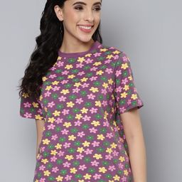 SASSAFRAS Women Purple & Yellow Floral Printed Pure Cotton T-shirt-image-55