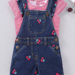 Babyhug Cotton Cap Sleeves Striped Tee & Denim Dungaree Set Cherry Embroidery - Denim Blue-image-16