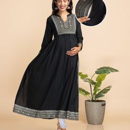 Bella Mama Woven Three Fourth Solid Kurta With Hand Work At Yoke - Olive Green-image-55
