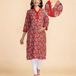 Bella Mama Woven Printed Flared Kurta - Rust-image-3