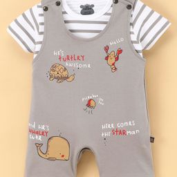 Mini Taurus Half Sleeves Striped Tee & Dungaree Style Romper Whale Print- Grey-image-7