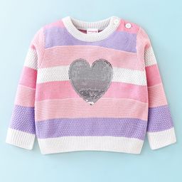 Babyhug Knit Full Sleeves Sweater Stripes Design With Heart Sequin Detailing- White Pink & Purple-image-19