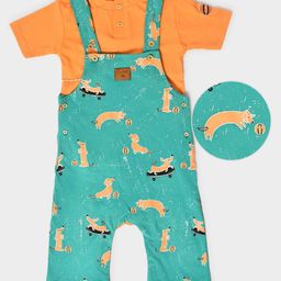 Mi Arcus  Cotton Half Sleeves Dachshund Puppy Print T-Shirt With Coordinating Dungaree Green & Orange-image-93