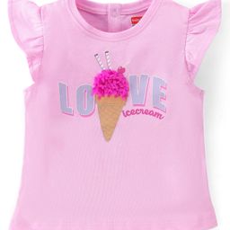 Babyhug 100% Cotton Knit Frill Sleeves Top with Text Print and Petal Embroidery - Pink-picture-27