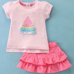 ToffyHouse 100% Cotton Knit Half Sleeves Top with Watermelon Print & Layered Skirt Set - Light Pink-image-80