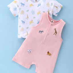 ToffyHouse 100%  Cotton Interlock Dungaree Style Romper with Half Sleeves Inner Tee Wild Animals Print - Peach-17