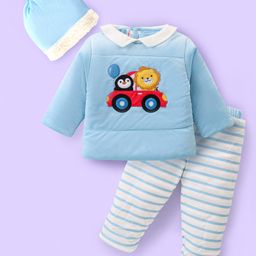 Babyhug Velour Woven Full Sleeves Winter Wear Suit With Animals Patch & Cap - Sky Blue-image-20