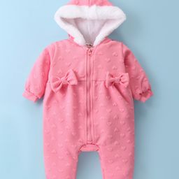 Kookie Kids Full Sleeves Winter Wear Hearts Designed Solid Color Romper Bow Applique - Pink-image-29