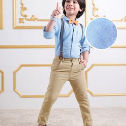 Mark & Mia Full Sleeves Shirt & Trousers Set With Suspender & Bow Detailing - Light Blue & Tan-image-69
