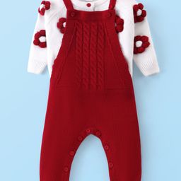 Babyhug Winter Wear Cable Knit Designed Dungaree with Full Raglan Sleeves Inner Tee Floral Embroidery - Dark Red & White-image-62