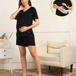 Zelena Viscose Half Sleeves Extra Stretchable Solid Top & Shorts Set - Black-picture-26