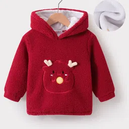 Kookie Kids Full Sleeves Hooded Fur Sweatshirt with Reindeer Applique - Maroon-picture-43