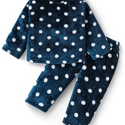 Babyhug Velour Knit Full Sleeves Winter Wear Night Suit With Polka Dots Print - Navy Blue-image-22