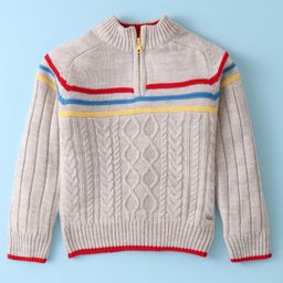 Yellow Apple Knitted Full Sleeves High Neck Pullover Sweater With Stripes & cable Knit Design - Grey-image-15