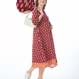 Bella Mama Woven Three Fourth Sleeves  Maternity Dress with Handblock Print - Maroon-image-54