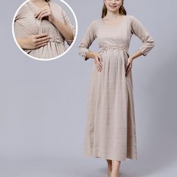 Dummy Shape Three Fourth Sleeves Maternity Flared Kurta With Nursing Access & Abstract Embroidered Attached Belt - Light Brown-image-36