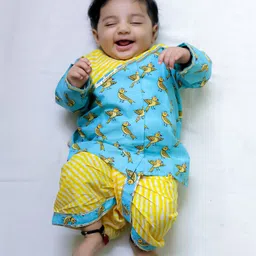 BownBee Full Sleeves Parrots Printed & Lace Embellished Dhoti Kurta Set - Yellow-picture-1