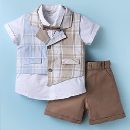 ToffyHouse Cotton Woven Half Sleeves Checks 3 Piece Party Suit With Bow - Tan-picture-15