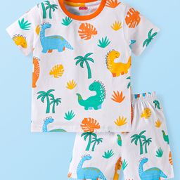 Babyhug Cotton Knit Half Sleeves Shorts Night Suit with Jungle Theme Print - White-image-95