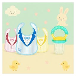 KIDS BASIC Premium Silicone Fruit Rattle Nibbler & 3 Snap Button Tie Printed Bibs - Blue & Multicolor (Pack of 2)-22