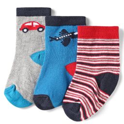 Cute Walk By Babyhug Knit Ankle Length Anti Bacterial Socks With Stripes & Vehicle Design Pack of 3 - Red Blue & Grey-image-86