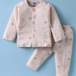 Simply Sinker Knit Full Sleeves Front Open Co-Ord Night Suit with Elephant Print - Beige-image-83