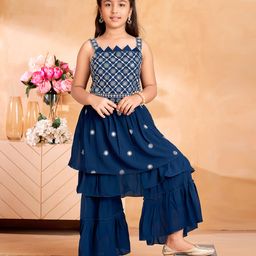 Aarika Georgette Woven Sleeveless Sleeveless Sequin Embellished & Embroidered Lehenga Kurta With Sharara - Teal Blue-image-74