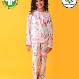 Anthrilo 100% Organic Cotton Knit Full Sleeves Unicorn Printed Coordinating Night Suit Set - Pink-image-33