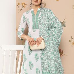 Yufta Floral Printed Pure Cotton Kurta With Trousers & With Dupatta-image-0