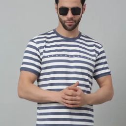 Cantabil Men's Striped Grey Regular Fit Round Neck Casual T-Shirt-image-3
