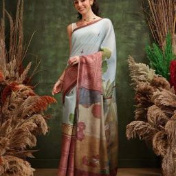 Silk Land Blue & Peach Printed Saree-24