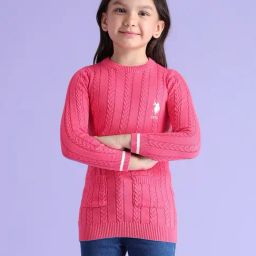 U.S. Polo Assn. Girls Pink Self Design Full Sleeves Sweater-image-67