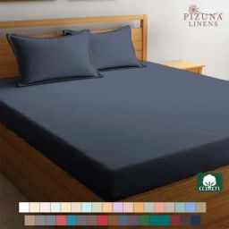 Pizuna 400TC 100% Cotton Dark Blue Fitted Bed Sheet Single Size With 1 Pillow Cover-image-50