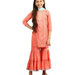 Aurelia Kids Peach & Blue Printed Kurta, Sharara with Dupatta-image-10