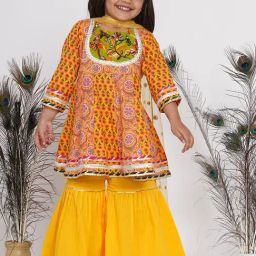 Little Bansi Kids Yellow Floral Print Kurta Frock with Sharara & Dupatta-image-3